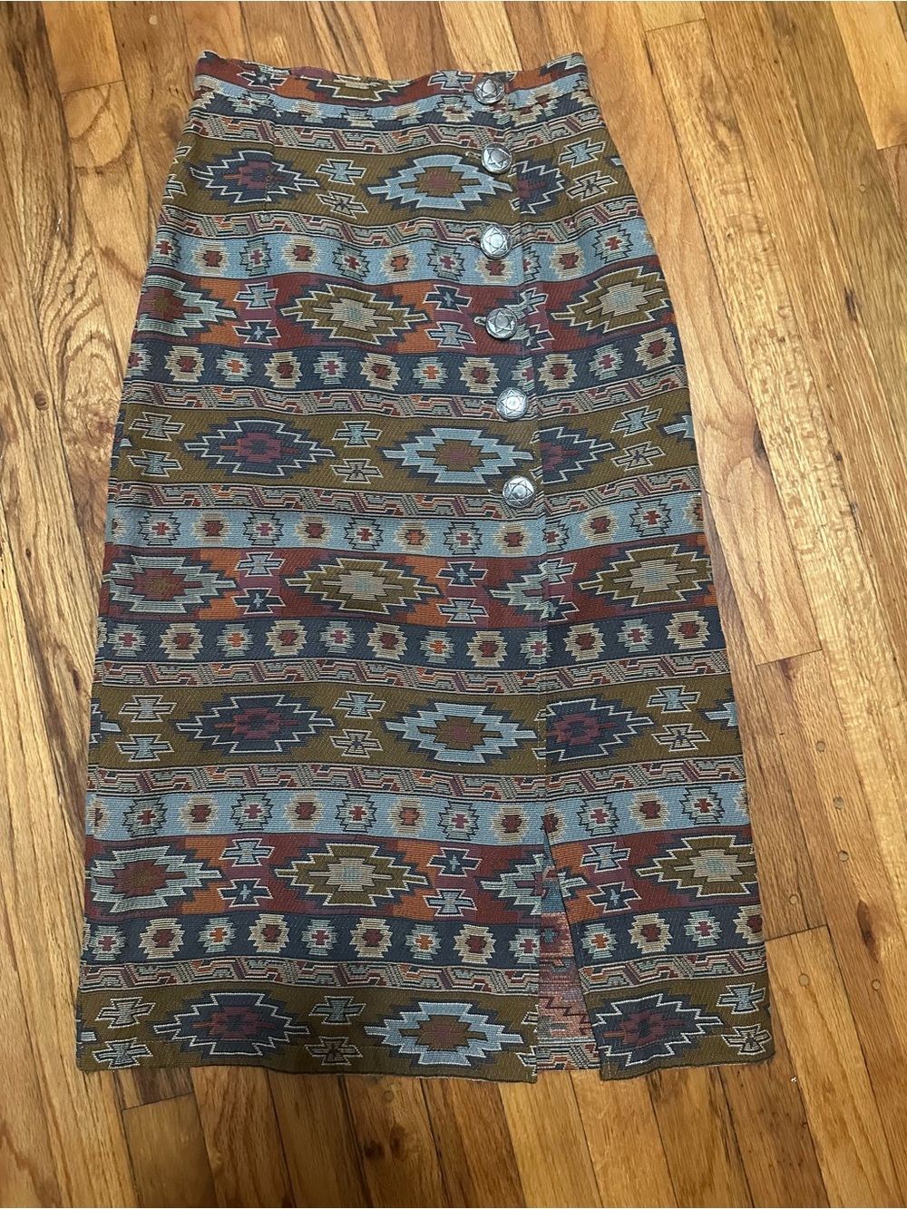 Panhandle Slim Aztec-Pattern Midi Skirt in Rust, Olive, Denim, and Gray